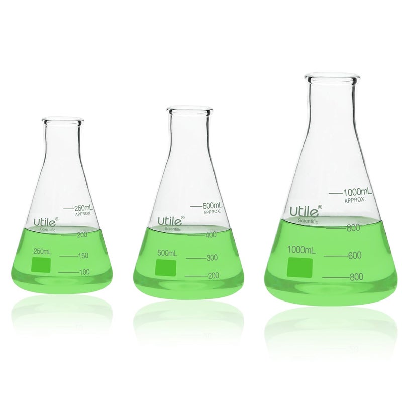 UTILE 3pcs of Glass Erlenmeyer Flask Set, 250ml 500ml 1000ml Narrow Mouth Erlenmeyer Flasks, Borosilicate 3.3 Glass Conical Flasks for Laboratory,4016.9917.1 - Image 1